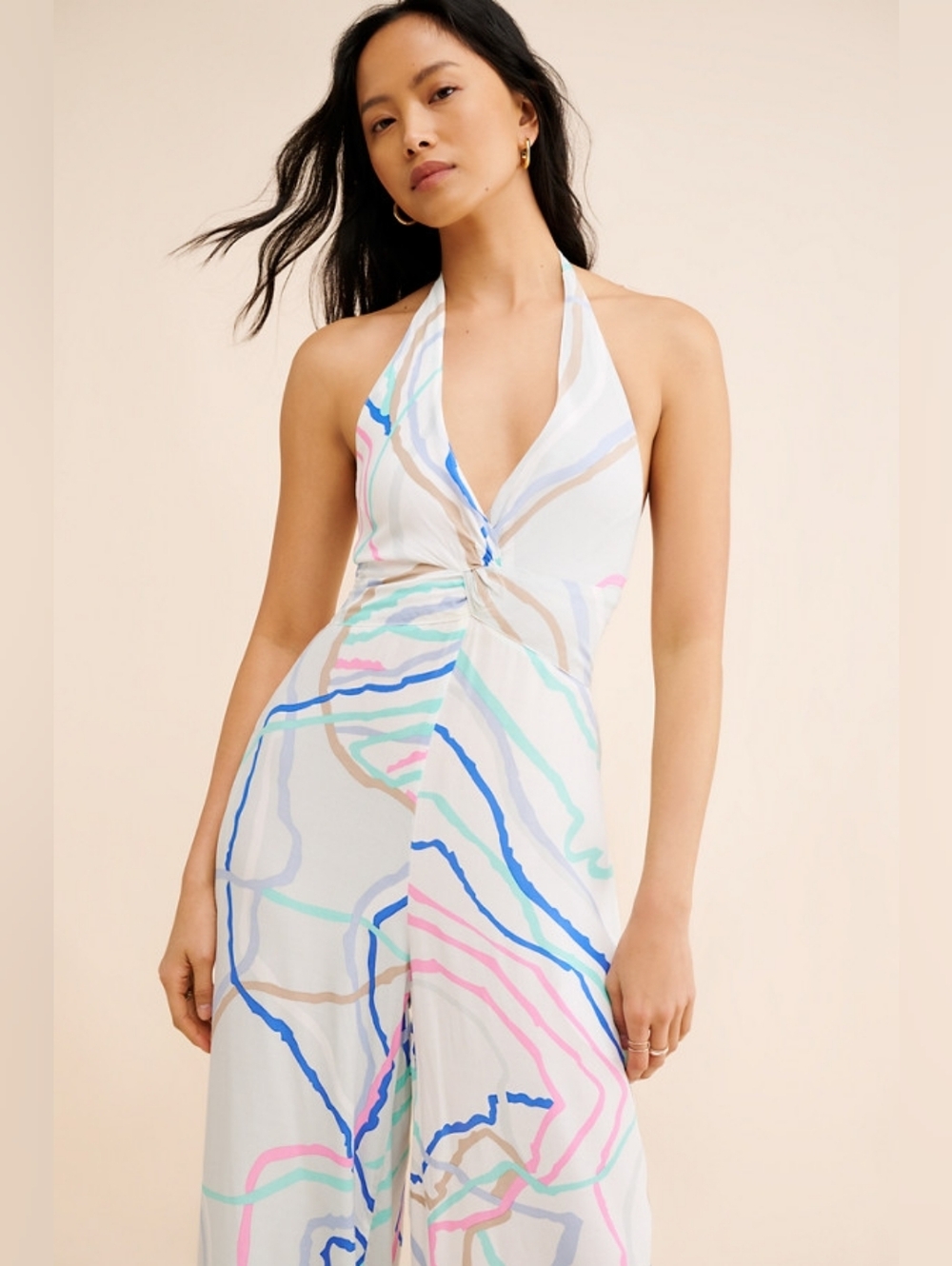 S/W/F Anthropologie White Halter Twisted Jumpsuit with Multicolor Swirl Size Xs